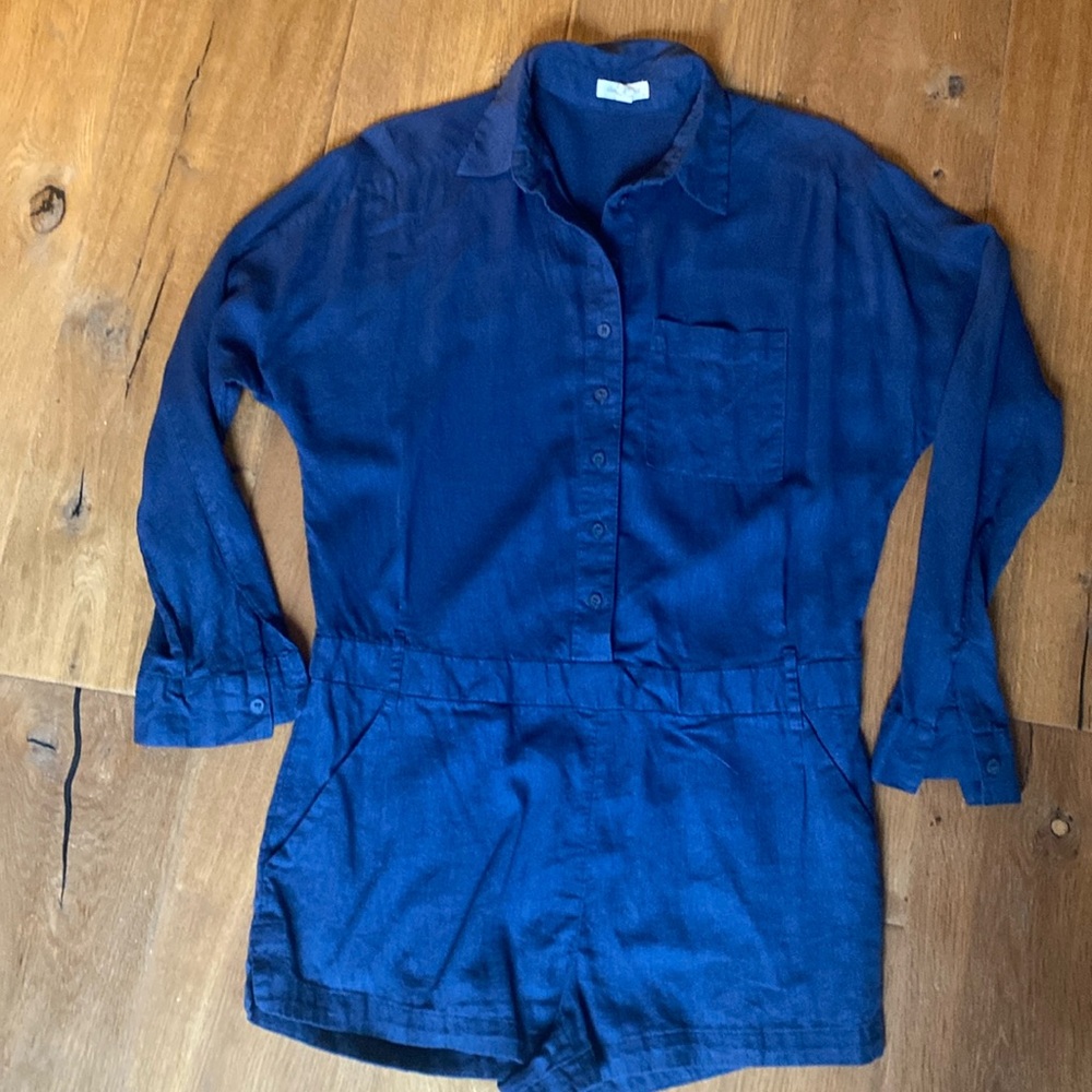 Silence + Noise urban outfitters, navy linen, long sleeve button-down romper